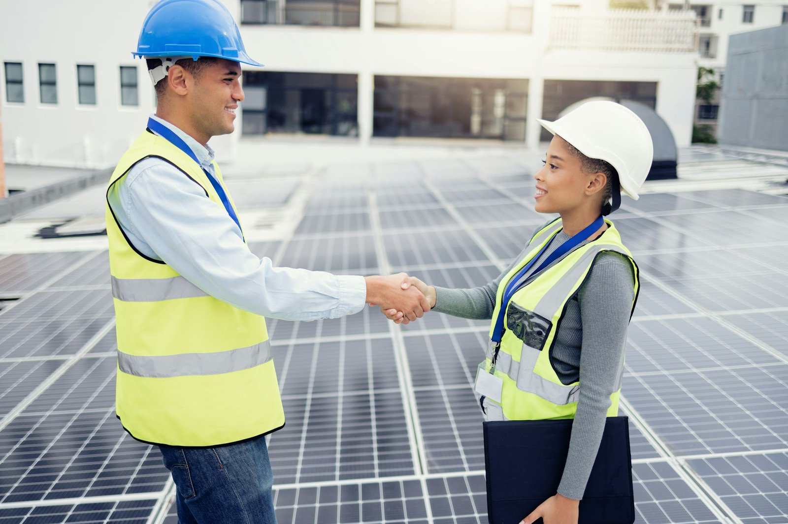 Solar energy, solar panel worker and renewable energy electricity deal for sustainability, power pl